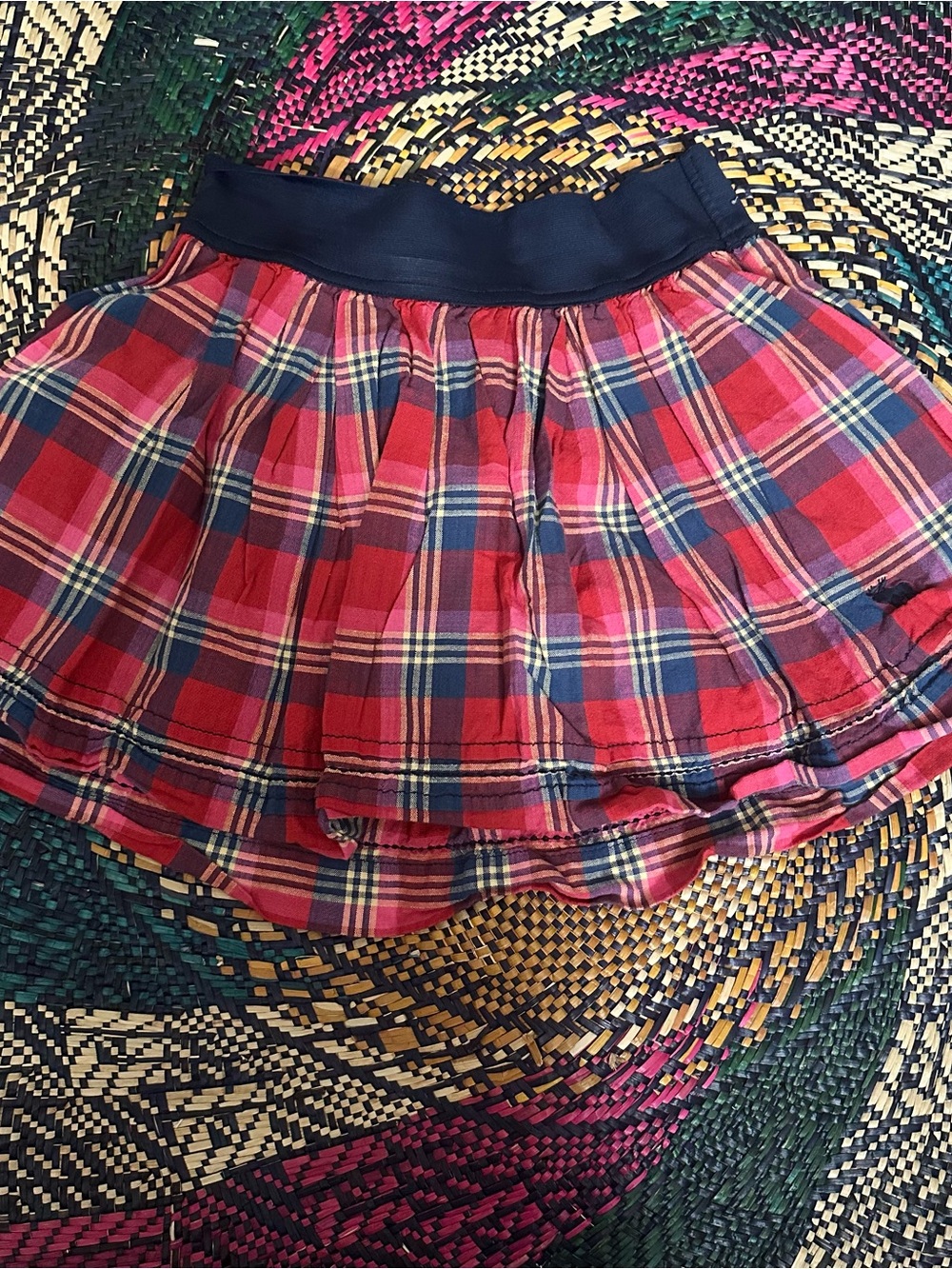 Y2K Abercrombie & Fitch Red Plaid Skater Skirt with Navy Waistband